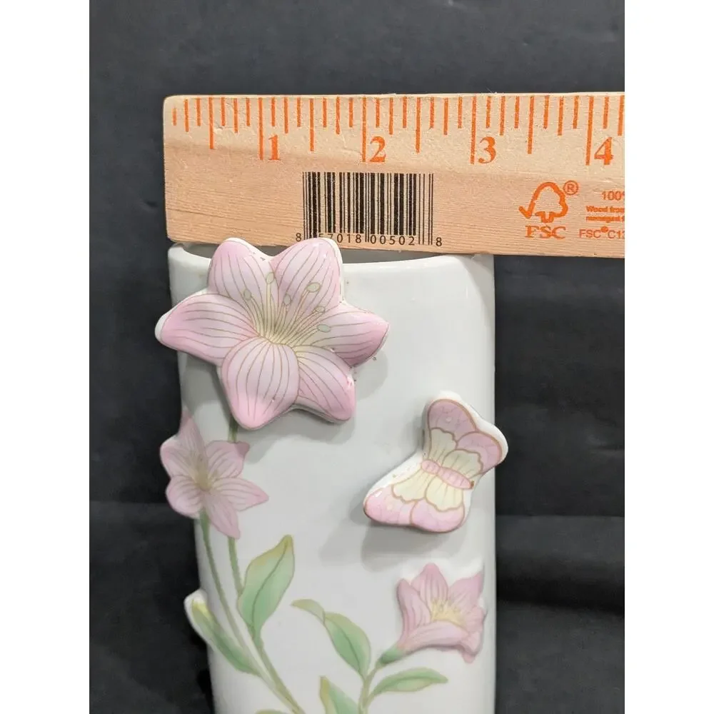 Vintage 3D Porcelain Bud Vase Pink Lily Butterfly Applied Flower Ceramic 5.5